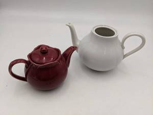 2 Beautiful Vintage Teapots Maroon and White