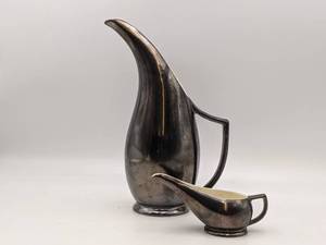 Vintage Iridescent Black Ceramic Pitcher and Creamer