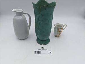 Rare Vintage Frankoma Pitcher, Erphila Czech Pottery and Porcelain and Gold Leaf Creamer