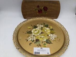 Hand Painted Nostalgia Vintage Hand Painted Trays-Tole Tray Signed by Artist and Wooden Tray