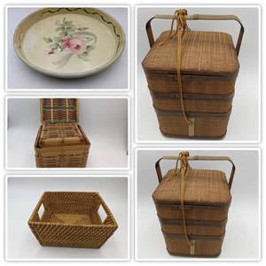 4 Uniquely Designed Vintage Woven Baskets For Picnics, Dim Sum and Tole Serving Tray