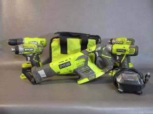 lot 23 image: Ryobi Bag, 4 Drills, and Sawzall