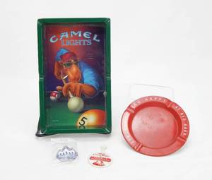 Lot of 2 Vintage Camel Lights and Red Barn Advertising Ashtrays and 1991 Wrestle Mania VII pin and Farrells Button