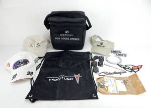 Lot of Automobile Advertising Items including Car Emblems, Hats, Cooler Bag, Key Fobs