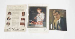 Lot of 3 Antique and Vintage Victrola, Coca Cola and Will Rogers print for Sam Hoffman Tailor Advertisements