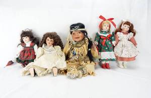 Lot of 5 Porcelain Dolls including Leonardo Collection, Duek House Cathay Collection Native American and more