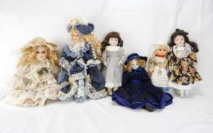 Lot of 5 Porcelain Dolls including Ashley Belle and Seymore Mann and one Plastic in Native Scandinavian Costume