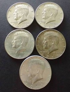 5 90% Silver Kennedy Half Dollars