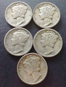 5 90% Silver Mercury Dimes (All Pre-1940)
