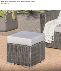 Noble House Waverly 17 in. Dark Grey Square Faux Wicker Outdoor Side Table & Gray Wicker Outdoor Ottoman with Silver Cushion. See Pictures