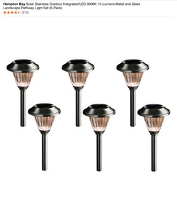 Hampton Bay Solar Stainless Outdoor Integrated LED 3000K 15-Lumens Metal and Glass Landscape Pathway Light Set (6-Pack). See Pictures
