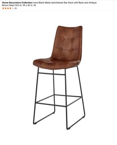 Home Decorators Collection Ivers Black Metal Upholstered Bar Stool with Back and Antique Brown Seat (18.5 in. W x 45 in. H). See Pictures
