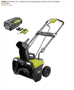 RYOBI 40V Brushless 20 in. Cordless Electric Single Stage Snow Blower with 5.0 Ah Battery and Charger. See Pictures