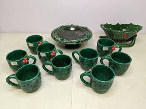 lot 347 image: Lefton Christmas Holly Dishes (2) and Mugs (9)