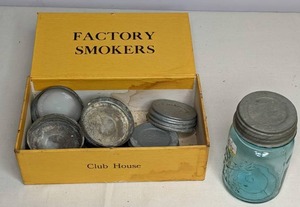 lot 262 image: Vintage Blue Ball Mason Jar and Lids in Vintage Cigar Box