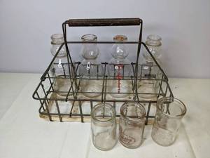 lot 299 image: Vintage Wire Milk Crate with 7 Glass Milk Bottles