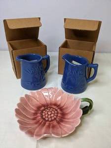 lot 298 image: Lot of Two RWCS Miniature Blue Iris Pitchers and One Pink Flower Dish