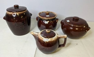 lot 225 image: McCoy Brown Drip Glazed Ceramic Teapot, Cookie Jar, and More