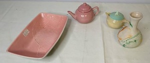 lot 237 image: Vintage Nemadji and Lu-Ray Teapots, Red Wing Dish, and Nemadji Vase