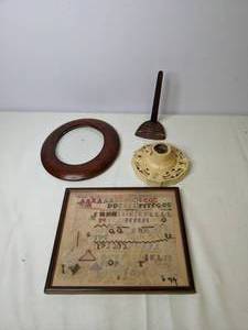 lot 218 image: Vintage Decor Items Candle Holder, Frame, Stand, and Crochet Piece