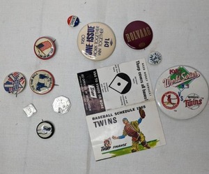 lot 220 image: Vintage Pins Collection and Twins Baseball Schedule 1965