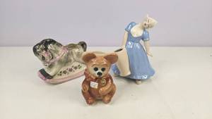 lot 249 image: Set of (3) Figurines - Royal Copley Bear, Rocking Horse, Maiden
