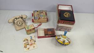 lot 252 image: Vintage Childrens Toys - Spinning Top, Blocks, Rotary-Style Play Phone, and More