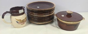 lot 362 image: Gorgeous McCoy Brown Drip Glazed Pottery-Pitcher, Covered Casserole & 14 Plates