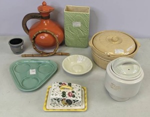 lot 126 image: Kitchen Pottery Pieces Casserole, Teapot, Butter Dish, Dripolator, Vases and More