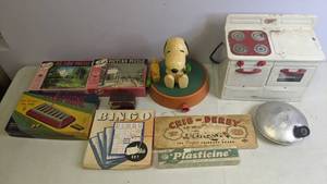 lot 393 image: Lot of (10) Vintage Toys - Little Lady Oven, Snoopy Sprinkler, Crib-Derby & More