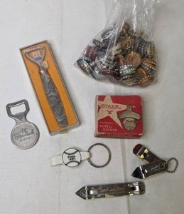 lot 434 image: Lot of Six Vintage Bottle Openers and Bag of Bottlecaps