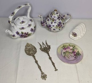 lot 417 image: Lot of Two Teapots, Toast Holder, Handpainted Plate and Serving Utensils