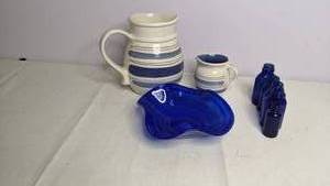 lot 419 image: Lot of Two Pottery Pitchers and Blue Glass Bowl and MOM Bottles