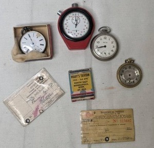 lot 431 image: Vintage Collection of StopwatchesPocket Watches, 1946 Liquor Permit, Naval Liberty Card, Matchbook