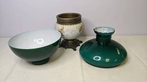 lot 408 image: Lot of Two Glass Lamp Shades and One Lamp Base