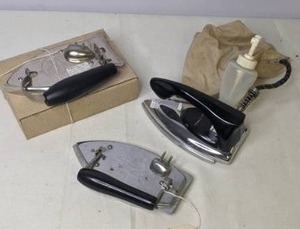 lot 412 image: Lot of 3 Vintage Electric IronsSteamer GE, Fiery Feather, Kwik Way Fold Up