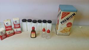 lot 162 image: Vintage Kitchen - Schilling Spice Tins, Nabisco Saltine Crackers Tin, White Glass Spice Jars, Salt & Pepper Shakers