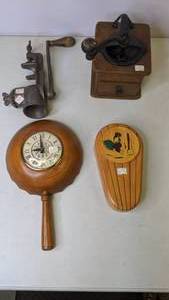 lot 140 image: Vintage Kitchen Items - Wood Pan Clock, Coffee Grinder, Food Grinder, Knife Holder