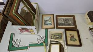 lot 144 image: Antique Frames, Wall Art, Mat Boards, (2) Stained Glass