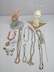 lot 452 image: Vintage Style Necklaces, Rings, and (2) Unique Ring Holders