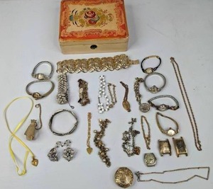 lot 443 image: Lot of Vintage Costume Jewelry, Watches, Necklaces, with a Trinket Box