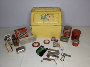 lot 450 image: Miscellaneous Vintage Items - Bread Box, Medicinal Bottles, Tins, Scotch Tape, Bottle Openers, and more - NER