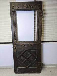 lot 188 image: Gorgeous Vintage Carved Wood Door with Inset Window & Original Hardware