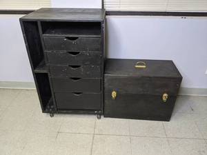 lot 194 image: Pair of Wooden Storage Pieces Cart with Drawers and Chest  NER