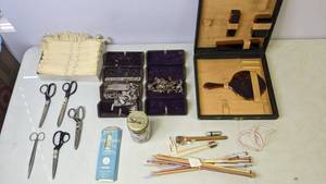 lot 168 image: AntiqueVintage Sewing Supplies, Knitting Needles and Vanity Case