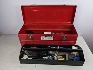 lot 617 image: Toolbox and Contents - Socket Set, Walkie Talkies, Utility Knife, and more - NER