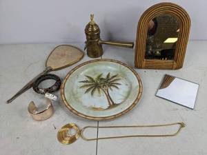 lot 520 image: Misc Items Lot - Necklace, Palm Tree Plate, Vintage Turkish Coffee Pot, Mirrors, Bracelets, and more - NER