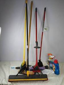 lot 508 image: Assortment of Cleaning Supplies Brooms, Shout, Brillo, Ajax, and More - NER