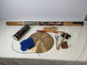 lot 493 image: Collection of Foley Artist Instruments (Didgeridoo, Cymbals, Train Whistle and More)