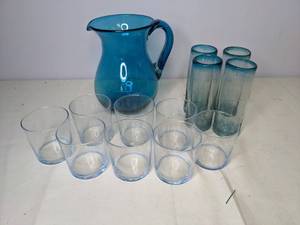 lot 480 image: Collection of 12 Drinking Glasses and Blue Glass Pitcher (SE)